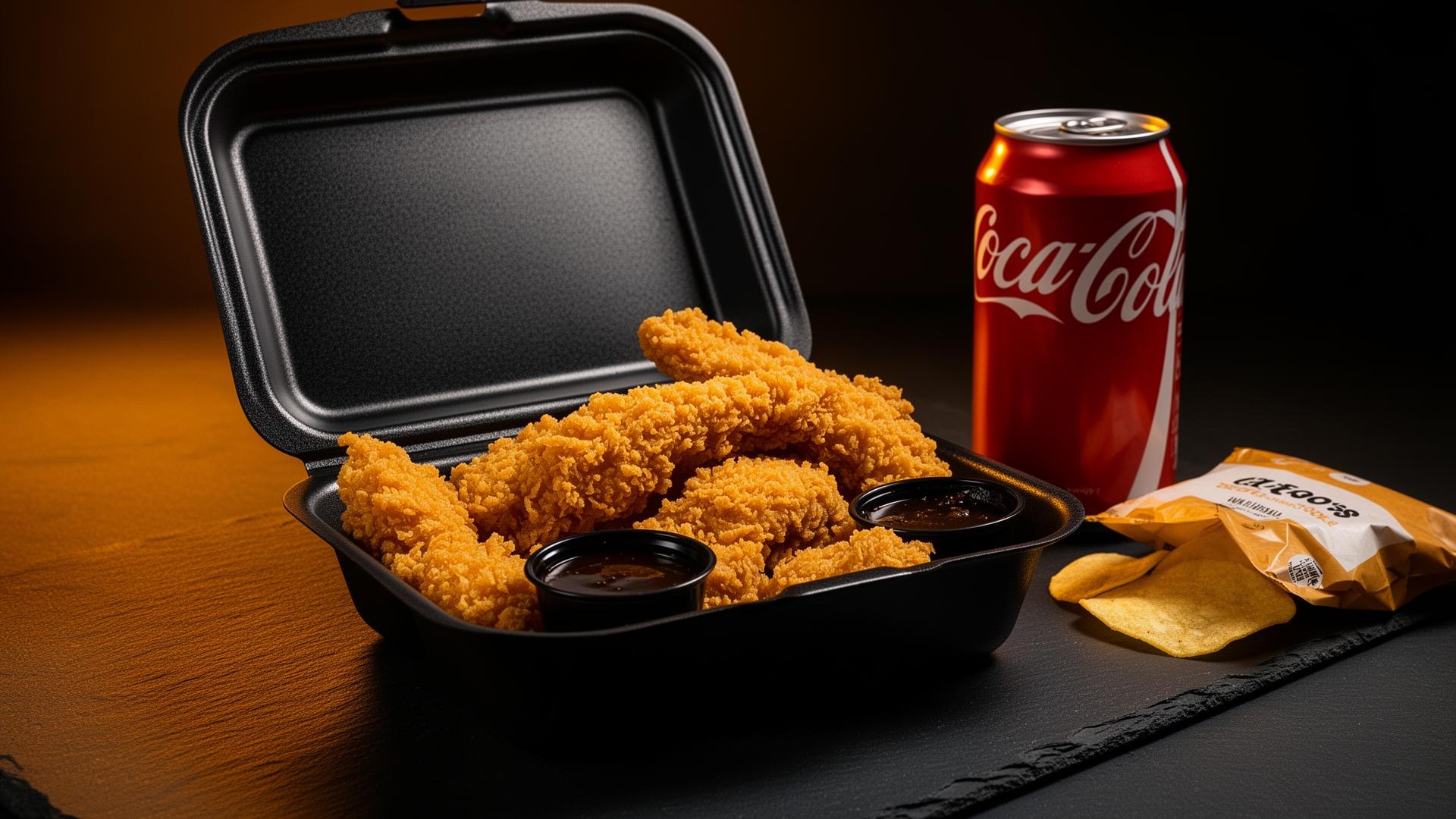 Late-night combo box with crispy tenders, sauces, chips, and drinks